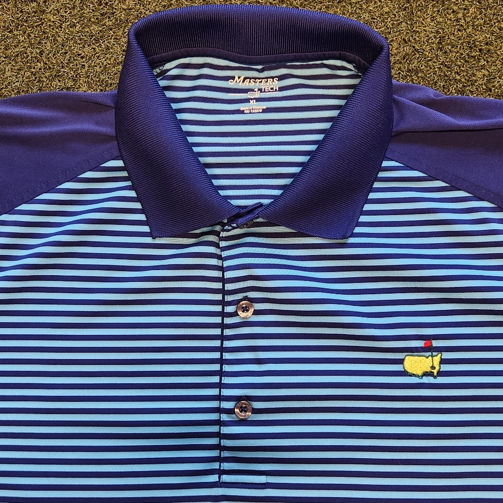 Mens Official Masters Tech Golf Polo Size XL Navy/Blue Striped Augusta National